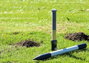 GopherHawk gopher and mole trap with wedge and probe tool set in lawn near gopher mounds.